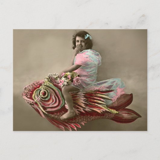 Meisje op een vis briefkaart (Voorkant)