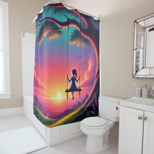 Meisje op een zingertje douchegordijn (In situ)