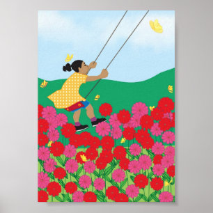 Meisje op een zwaaien met bloemen poster