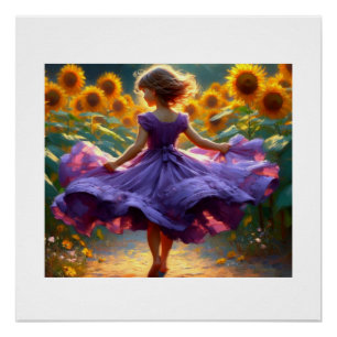 Meisje op het gebied van zonnebloemen, perfect poster
