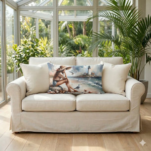 Meisje op het strand bij de vuurtoren kussen