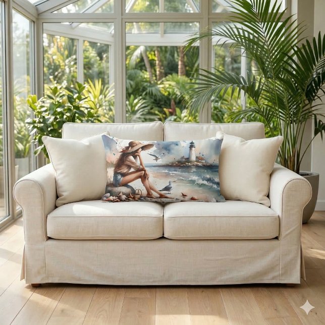 Meisje op het strand bij de vuurtoren kussen (Coastal Beach Girl & Lighthouse Lumbar Pillow On Loveseat)