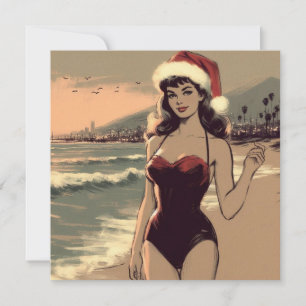  meisje op het strand en Santa Hat Retro Pin Up Feestdagenkaart