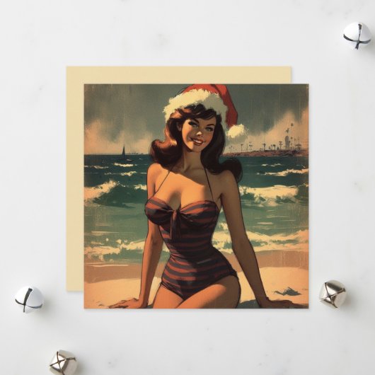 meisje op het strand en Santa Hat Retro Pin Up Feestdagenkaart (Voorkant / Achterkant in situ)