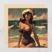 meisje op het strand en Santa Hat Retro Pin Up Feestdagenkaart (Voorkant / Achterkant)