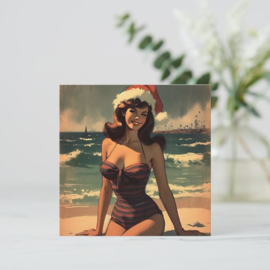 meisje op het strand en Santa Hat Retro Pin Up Feestdagenkaart (Staand voorkant)