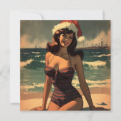 meisje op het strand en Santa Hat Retro Pin Up Feestdagenkaart (Voorkant)