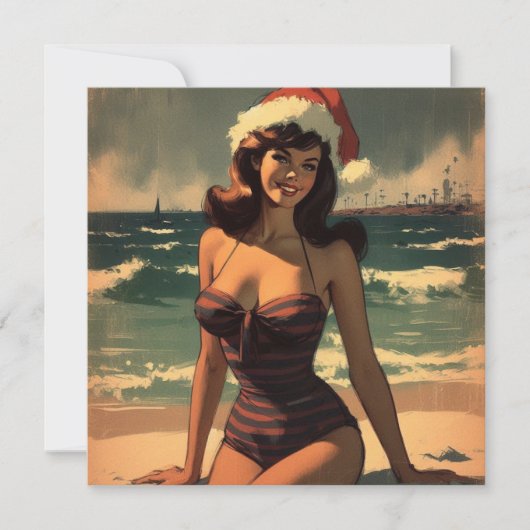 meisje op het strand en Santa Hat Retro Pin Up Feestdagenkaart (Voorkant)