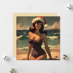 meisje op het strand en Santa Hat Retro Pin Up Feestdagenkaart