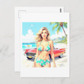 Meisje op het strand met een klassieke auto briefkaart (Voorkant / Achterkant)