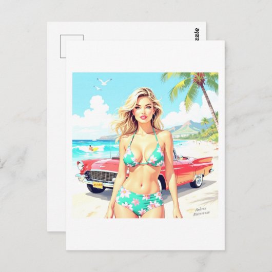 Meisje op het strand met een klassieke auto briefkaart (Voorkant / Achterkant)