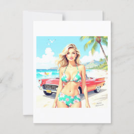 Meisje op het strand met een klassieke auto briefkaart