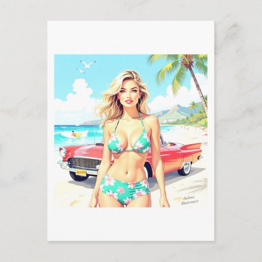 Meisje op het strand met een klassieke auto briefkaart (Voorkant)