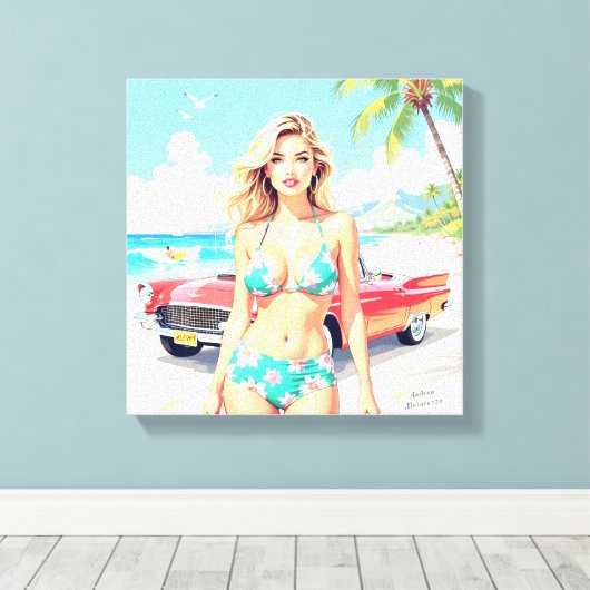 Meisje op het strand met een klassieke auto canvas afdruk (Insitu (Houten vloer))