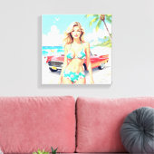 Meisje op het strand met een klassieke auto canvas afdruk (Insitu (Woonkamer))