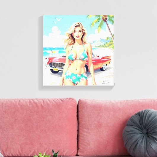 Meisje op het strand met een klassieke auto canvas afdruk (Insitu (Woonkamer))