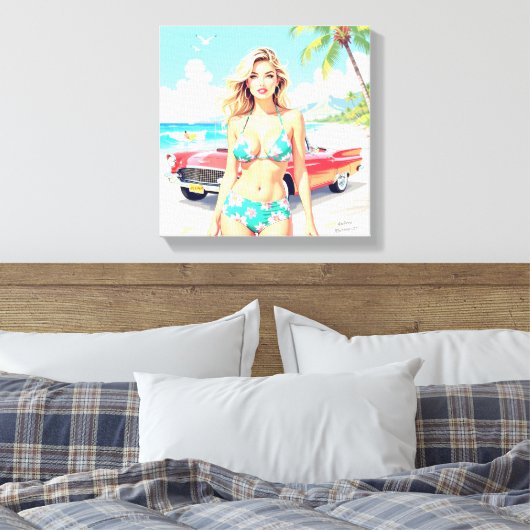 Meisje op het strand met een klassieke auto canvas afdruk (Insitu (Slaapkamer))