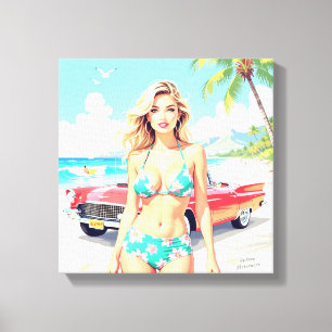 Meisje op het strand met een klassieke auto canvas afdruk