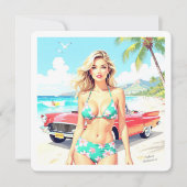 Meisje op het strand met een klassieke auto feestdagenkaart (Voorkant)