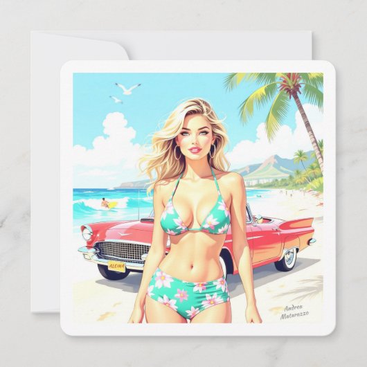 Meisje op het strand met een klassieke auto feestdagenkaart (Voorkant)