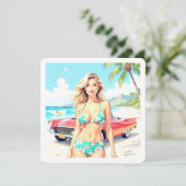 Meisje op het strand met een klassieke auto feestdagenkaart (Staand voorkant)