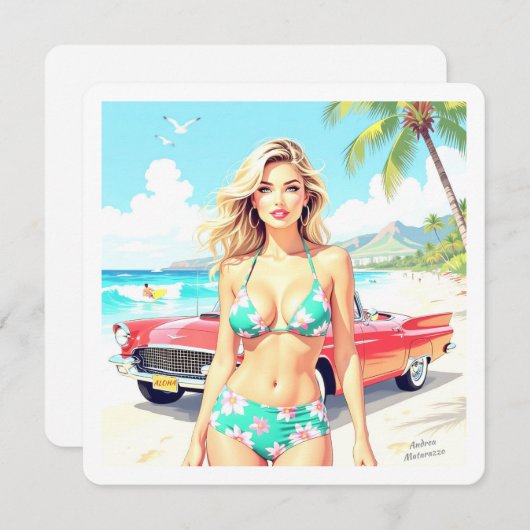 Meisje op het strand met een klassieke auto feestdagenkaart (Voorkant / Achterkant)