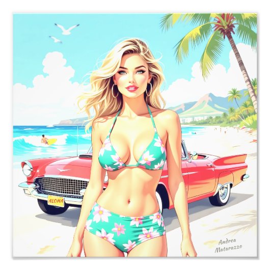 Meisje op het strand met een klassieke auto foto afdruk (Voorkant)