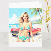 Meisje op het strand met een klassieke auto kaart (Gele Bloem)