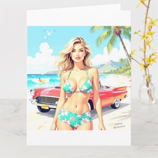 Meisje op het strand met een klassieke auto kaart (Gele Bloem)