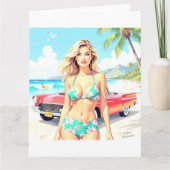 Meisje op het strand met een klassieke auto kaart (Voorkant)