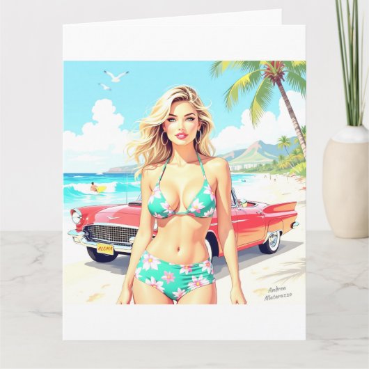 Meisje op het strand met een klassieke auto kaart (Voorkant)
