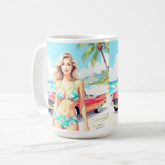 Meisje op het strand met een klassieke auto koffiemok (Voorkant links)