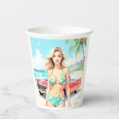 Meisje op het strand met een klassieke auto papieren bekers (Voorkant)