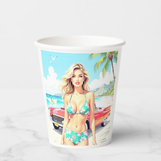 Meisje op het strand met een klassieke auto papieren bekers (Voorkant)