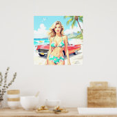Meisje op het strand met een klassieke auto poster (Keuken)