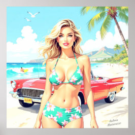 Meisje op het strand met een klassieke auto poster