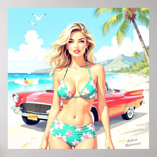Meisje op het strand met een klassieke auto poster (Voorkant)