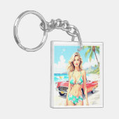 Meisje op het strand met een klassieke auto sleutelhanger (Voorkant Links)
