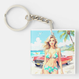Meisje op het strand met een klassieke auto sleutelhanger