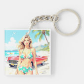 Meisje op het strand met een klassieke auto sleutelhanger (Achterkant)
