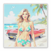 Meisje op het strand met een klassieke auto sticker (Voorkant)