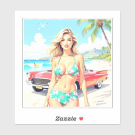 Meisje op het strand met een klassieke auto sticker