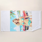 Meisje op het strand met een klassieke auto strandlaken (Voorkant)