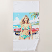 Meisje op het strand met een klassieke auto