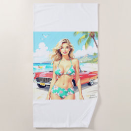 Meisje op het strand met een klassieke auto strandlaken