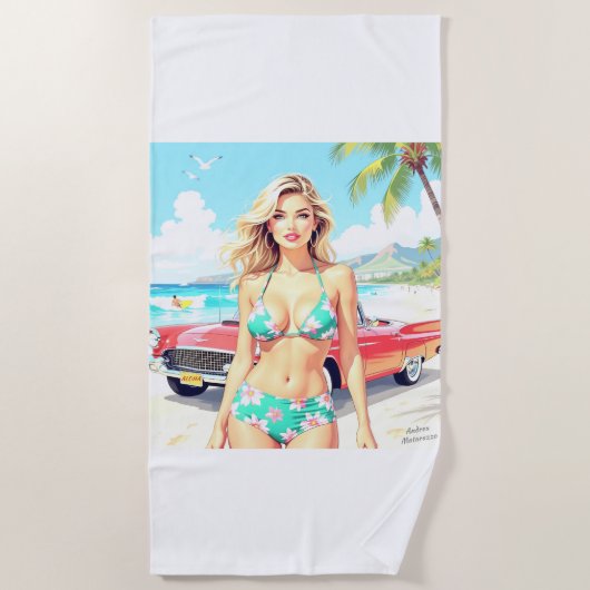 Meisje op het strand met een klassieke auto strandlaken (Voorkant)