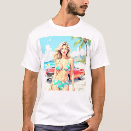 Meisje op het strand met een klassieke auto t-shirt