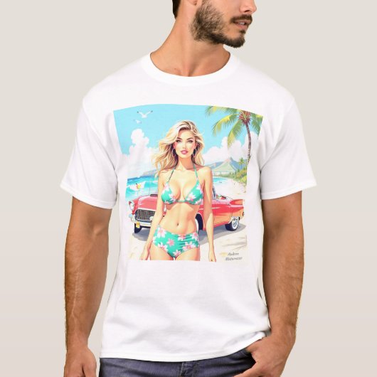 Meisje op het strand met een klassieke auto t-shirt (Voorkant)