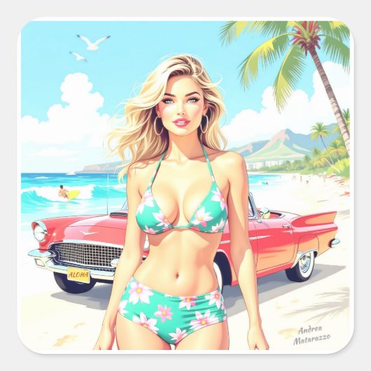 Meisje op het strand met een klassieke auto vierkante sticker (Voorkant)