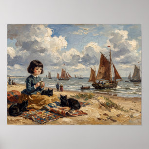 Meisje op het strand met zwarte katten Schilderij Poster